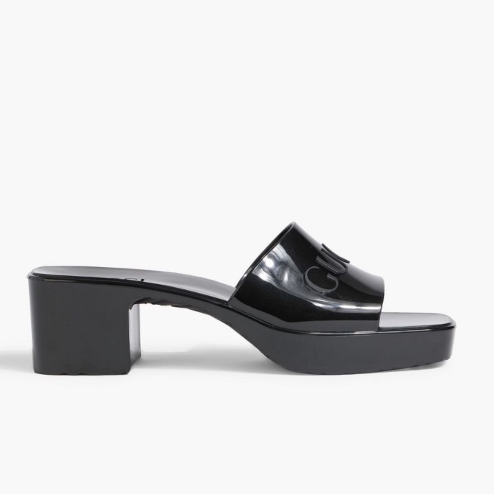 GUCCI RUBBER MULES IN BLACK WITH BLOCK HEEL AND LOGO ON VAMP SIZE EU 38